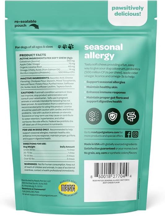 Dog Allergy Chews with Probiotics | Seasonal Allergy Chews for Dogs with Wild Alaskan Salmon Oil & Colostrum | Environmental Dog Allergy Support | NASC Certified & Made in The USA | 60 Chews