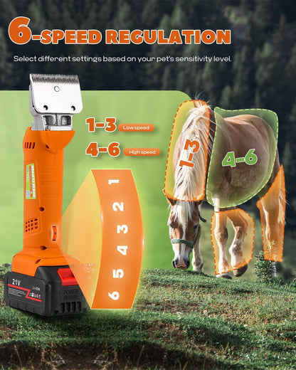 Horse Clippers Cordless, Heavy Duty Horse Grooming Kit, 6-Speed Professional Livestock Clippers with 2PCS 21V 4Ah Lithium Battery for Shaving Horse Pony Cattle Large Dogs