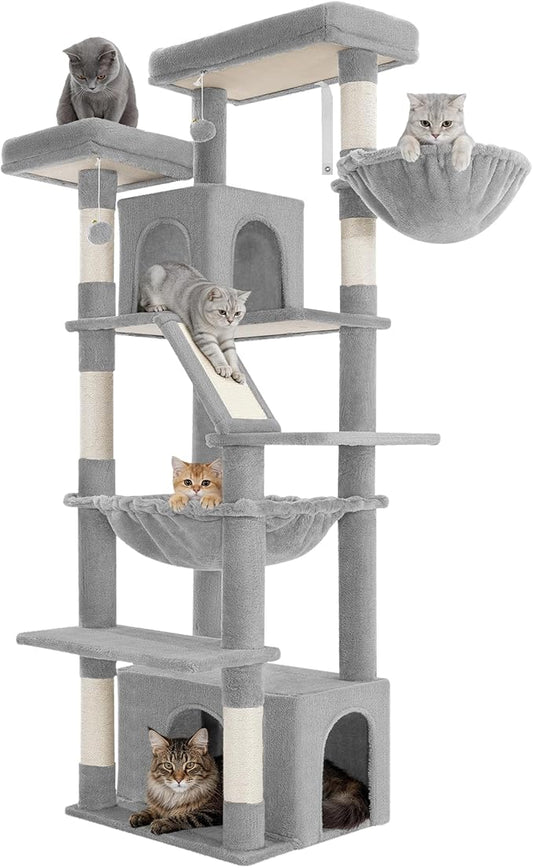 Large Cat Tree, 72 Inch Tall Indoor Cat Tower for 6 Large Cats, Corner Climbing Activity Pet Condo with 2 Large Platforms/2 Cats House/6 Scratching Post/1 Hanging Basket, Light Gray MS18318LG