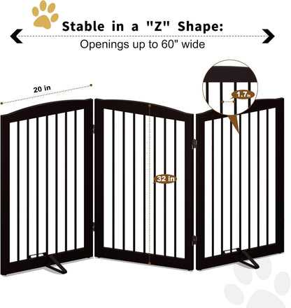 Freestanding Pet Gate for Dogs, Foldable Wooden Dog Gate for House Indoor, Tall Pet Fence for Stair, Doorway,Hall, Support Feet Included, 3 Panels 32",Brown
