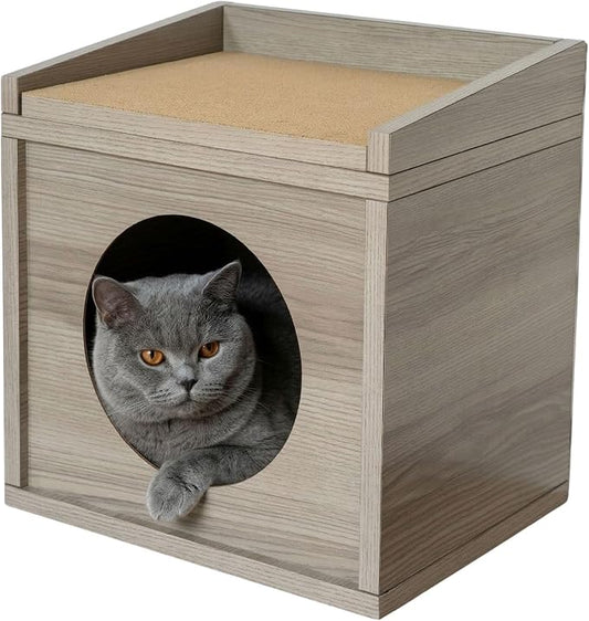 Meowdium Cat House – Cat Condo with Cardboard Scratcher, Scratching Post, Bed & Toy Storage, Cozy Cat Furniture & Accessories for Indoor Cats, Greywood