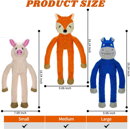 3 Pack No Stuffing Crinkle Squeaky Interactive Plush Dog Toys for Aggressive Chewers to Keep Puppy Busy for Boredom Small & Medium Breeds Furry Friend Teething Orange Fox Pink Pig Blue Hippo