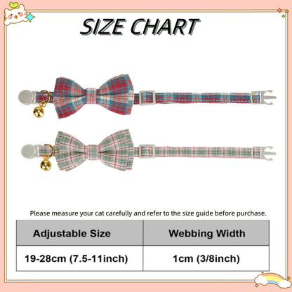 2 Pack Soft Cotton Christmas Cat Collars with Bowtie and Bell Breakaway Plaid Cat Kitten Collar(Red and Green)