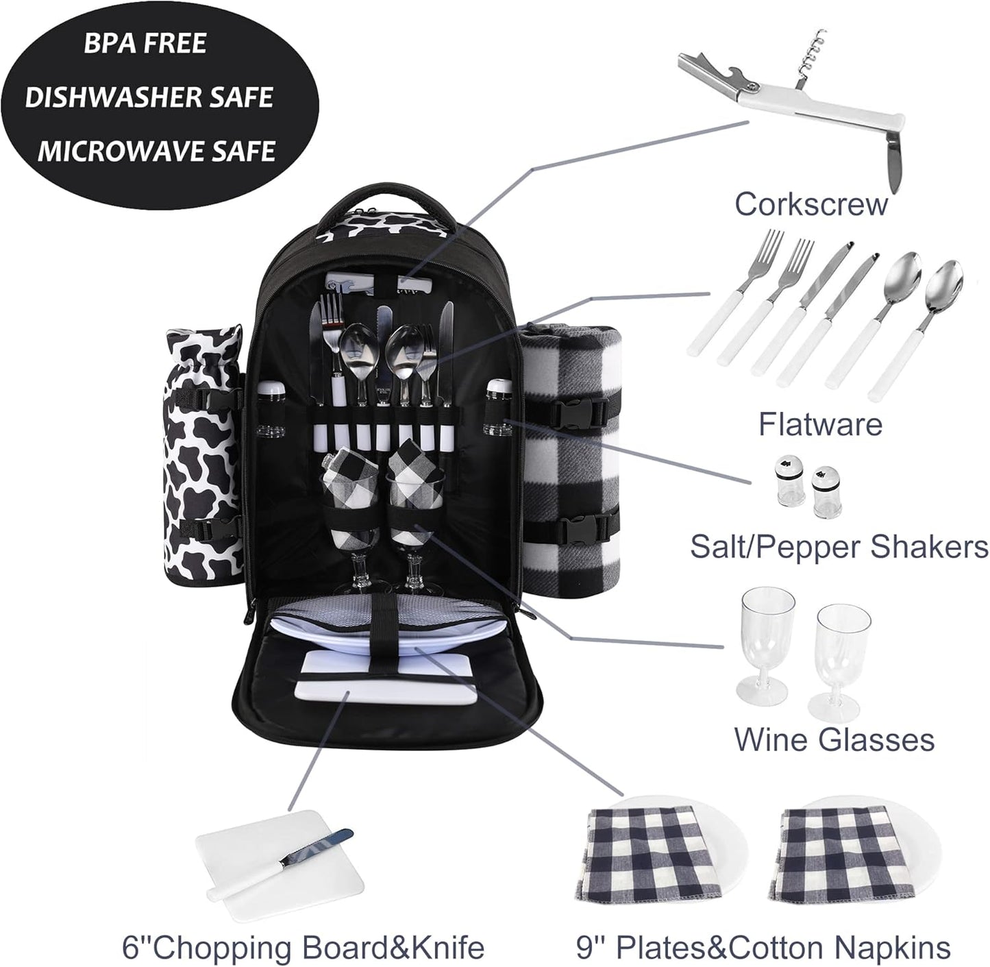 apollo walker Picnic Backpack Bag for 2 Person with Cooler Compartment, Detachable Bottle/Wine Holder, Fleece Blanket, Plates and Cutlery Set (2 Person, Black)