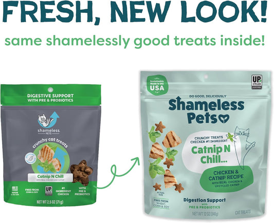 Shameless Pets Crunchy Cat Treats - Catnip Treats for Cats with Digestive Support, Kitten Treats with Real Chicken, Natural & Healthy Flavored Feline Snacks - Catnip N Chill, 1-Pk (12 Oz)