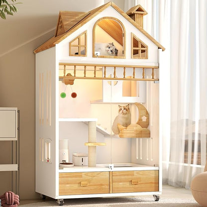 Enclosed Cat Condo, Large Wooden Cats House Indoor Cage Cat Enclosure on Wheels, Multi-Feature Enclosed Condo with Litter Box Drawer for Indoor Cats,63" X 35" X 24" (White, 63" X 35" X 24")