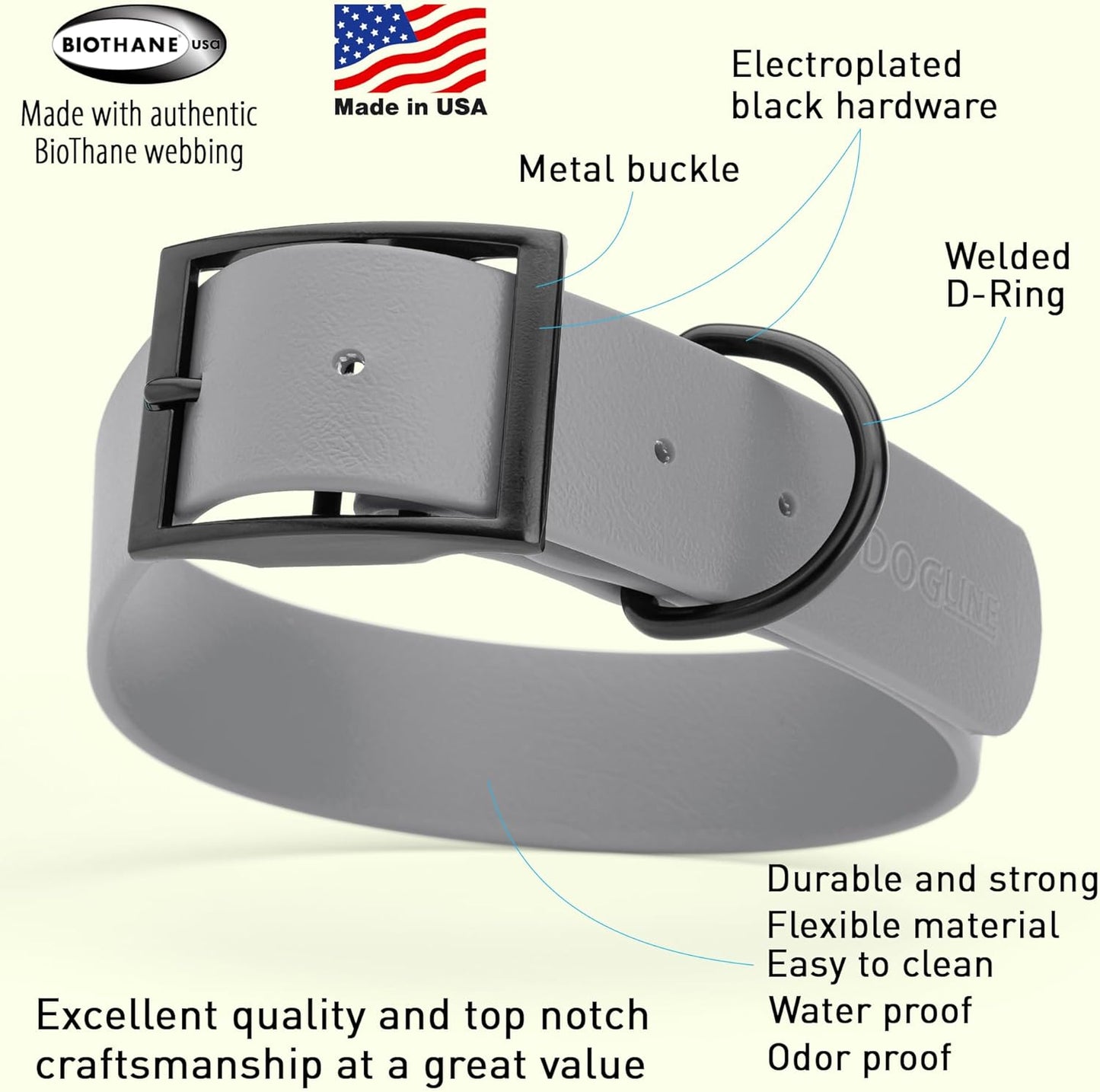 Dogline Biothane Waterproof Dog Collar Strong Coated Nylon Webbing with Black Hardware Odor- Proof for Easy Care Easy to Clean High Performance Fits Small Medium or Large Dogs, Battleship Gray