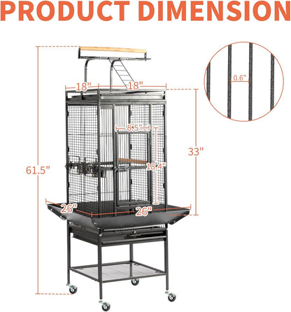VINGLI 65-Inch Wrought Iron Bird Cage with Playtop | Durable Large Flight Cage with Ladder & Rolling Stand for Parrots, Cockatiels, Budgies, Lovebirds, Small/Medium Birds