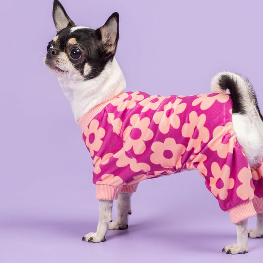 Fitwarm Flower Fleece Dog Pajamas, Warm Winter Dog Clothes for Small Dogs Girl, Cozy Pet Onesie with Feet, Pink, Medium