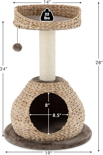 PETSITE Modern Cat Tree Tower, Paper Rope Natural Bowl Shaped with Perch, Scratching Post, Rattan Cat Activity Tree for Kittens, 28" Tall