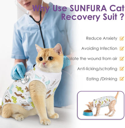 SUNFURA Cat Recovery Suit, Kitten Surgical Full Bodysuit for Abdominal Wound Protector Anti Licking After Surgery, Professional Bandages Cone E-Collar Alternative for Small Male & Female Pets