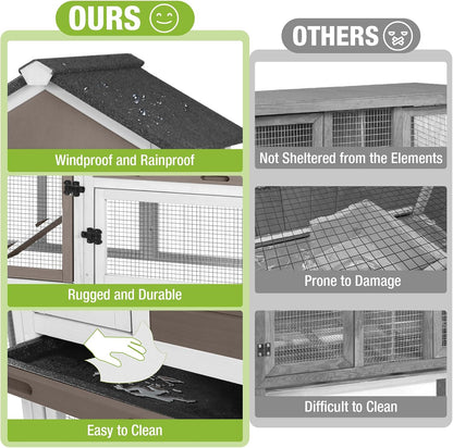 GUTINNEEN Rabbit Hutch Indoor Chicken Coop Outdoor, 51.6''L 2 Story Bunny Cage Weatherproof, Guinea Pig House with Run (Brown)