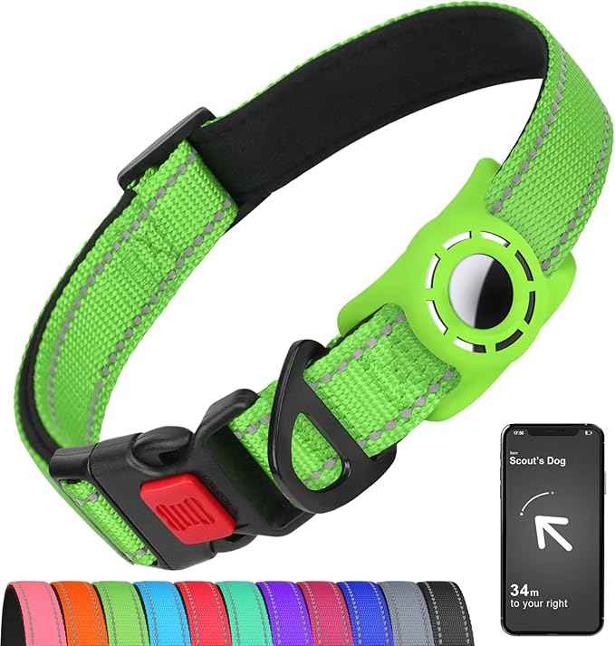 AirTag Dog Collar with AirTag Holder Compatible for Air Tag, Reflective Soft Padded, Safety Locking Buckle, Adjustable Nylon for Small Medium Large Dogs (Green,L)