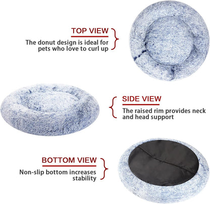 Bedfolks Calming Donut Dog Bed, 30 Inches Round Fluffy Dog Beds for Medium Dogs, Anti-Anxiety Plush Dog Bed, Machine Washable Pet Bed (Navy Blue, Medium)