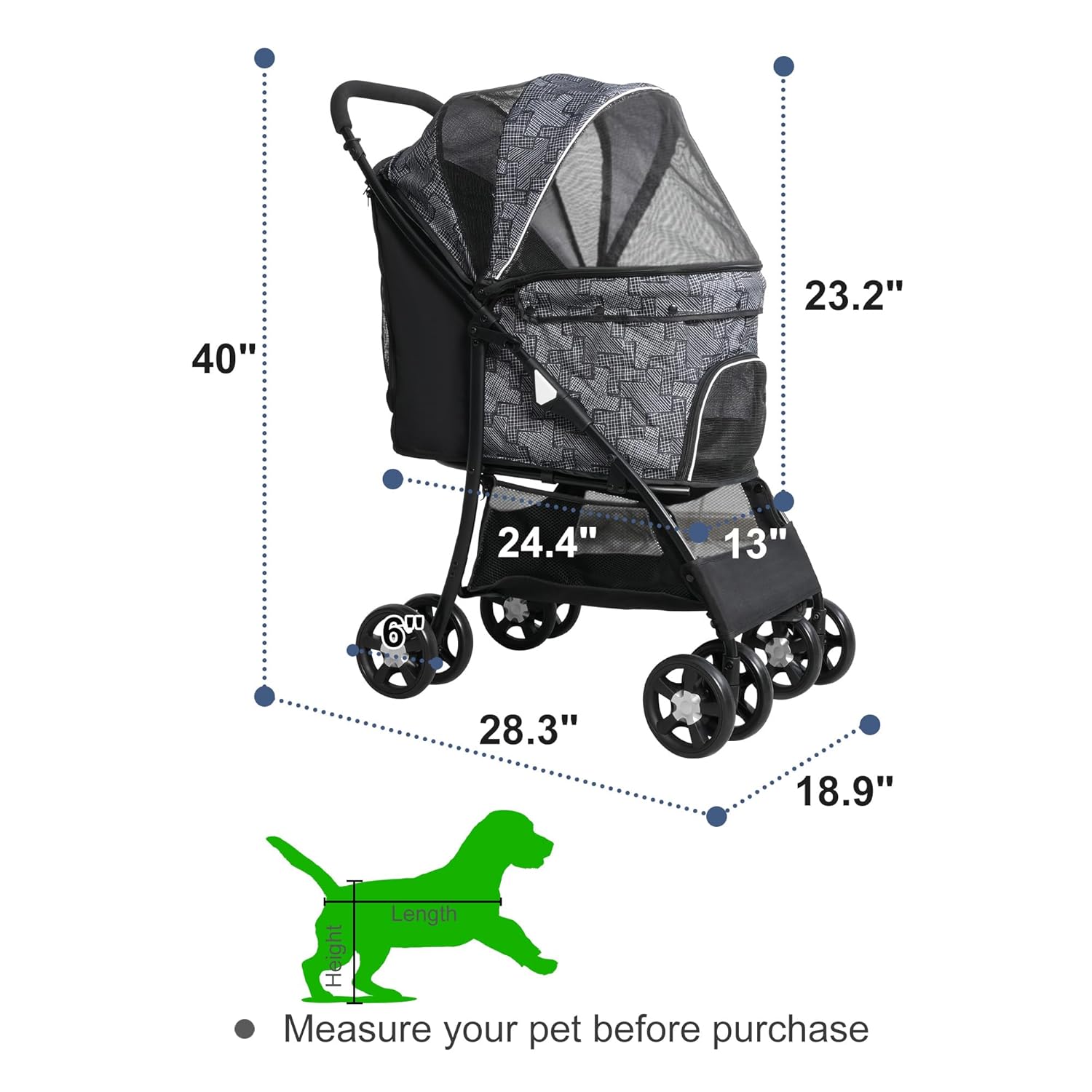 Lightweight Pet Stroller for Small/Medium Dogs and Cats - Foldable Travel Carriage with Storage Basket, Breathable Mesh & 4 Wheels - Up to 33 lbs – Black - Pawvie