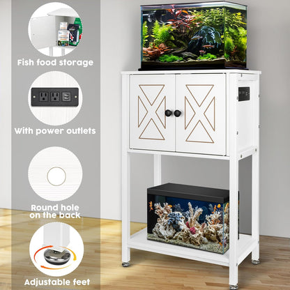 5-10 Gallon Fish Tank Stand, Heavy Duty Aquarium Stand with Cabinet & Power Outlets for Fish Tank Accessories Storage, Double Reptile Terrarium Stand 20.5" L* 11" W Tabletop, White