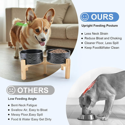 SPUNKYJUNKY Elevated Dog Bowls Ceramic, 6.1'' Dogs and Cat Food Water Bowls Raised with Non-Slip Bamboo Stand for Medium Sized Breed Microwave Dishwasher Safe - 28.7 OZ,Paw Black