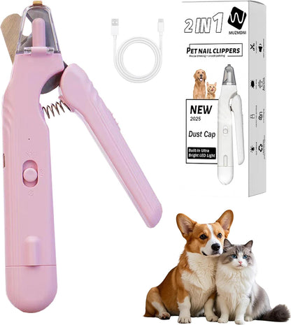 2-in-1 Dog Nail Grinder & Dog Nail Clippers Trimmers for Large Medium Small Dogs Cats Pets Claw Trimmer with LED Lights (Pink)