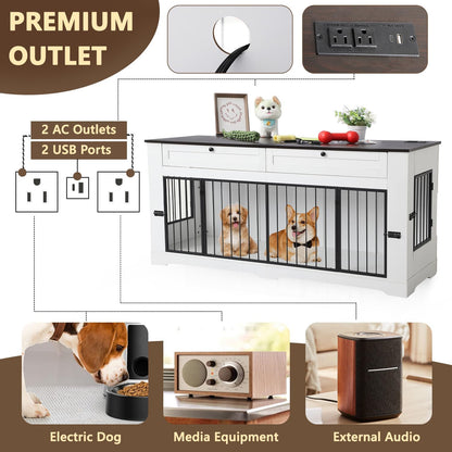 Large Dog Crate Furniture-Decorative Heavy Duty Dog Cage Indoor, Wooden Dog Cage End Table with Charging Station, Dog House with 2 Drawers (White, 70.86''L)