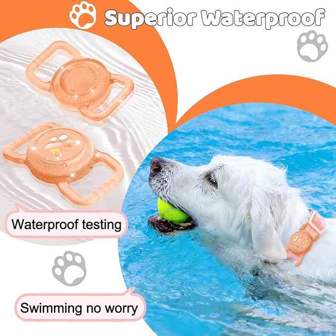 SANKALA Luminous Airtag Dog Collar Holder, [1 Pack] Glitter Waterproof Airtag Holder for Dog, Silicone Full Body Covered Anti-Lost Protective Airtag Case - Fits All Width Collars, Orange Glitter