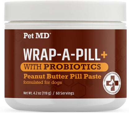 Pet MD Wrap-A-Pill with Dog Probiotics - Pill Wrap for Dogs Medicine - Easy-to-Use Paste to Hide Capsules, Create Pockets and Treats for Dogs - Peanut Butter (4.2oz)