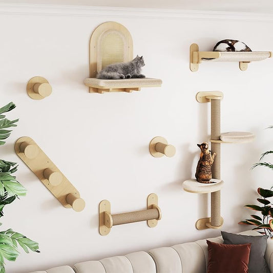 BYBYME 7 Pcs Wall-Mounted Cat Shelves, Multi-Level Sturdy Climbing Frame with Scratching Posts, Kitten Platform & Cat Bed for Playing & Resting, Solid Wood Indoor Cat Room Tree(Natural Wood)