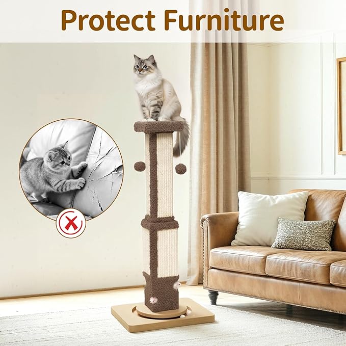 Tall Cat Scratching Post for Large Cats Kittens, 33" Indoor Sisal Vertical Pole Heavy Duty Square Structure with 4 Interactive Mouse Holes and Track Ball Base, Shields Furniture from Scratches