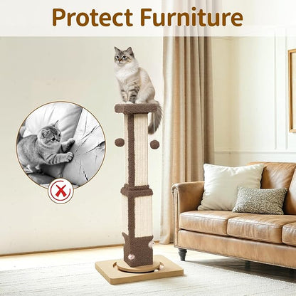 Tall Cat Scratching Post for Large Cats Kittens, 33" Indoor Sisal Vertical Pole Heavy Duty Square Structure with 4 Interactive Mouse Holes and Track Ball Base, Shields Furniture from Scratches
