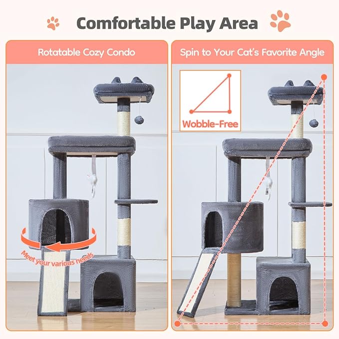 Taoqimiao Cat Tree for Indoor Cats, 55.1In Sturdy Cat Tower, Large Platform, Rotatable Round Condo with Large Scratch Board, Extended Cat House, Thickened Full-Sisal Scratching Post, Smoky Gray, F10G