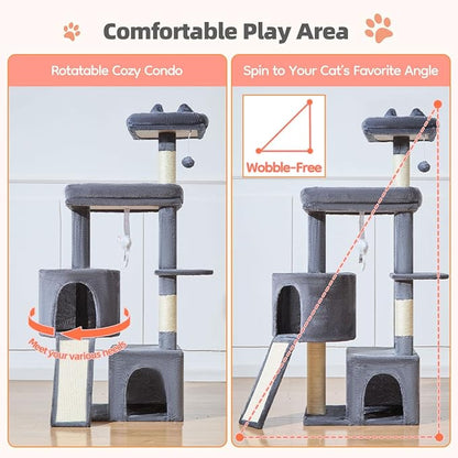 Taoqimiao Cat Tree for Indoor Cats, 55.1In Sturdy Cat Tower, Large Platform, Rotatable Round Condo with Large Scratch Board, Extended Cat House, Thickened Full-Sisal Scratching Post, Smoky Gray, F10G
