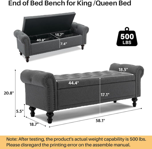 58.1'' Storage Bench Upholstered Linen End of Bedroom Bed Bench Ottoman with Tufted Cushioned Rolled Arm Large Storage Space for Reading Living Room Entryway, Grey