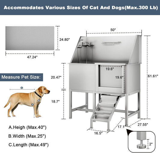 CuisinSmart 50" Dog Bathtub for Large Dogs, Professional Dog Washing Station with Dog Wash Attachment, Bath Pool for Outdoor, Indoor Shower and Grooming (50" Right Door)