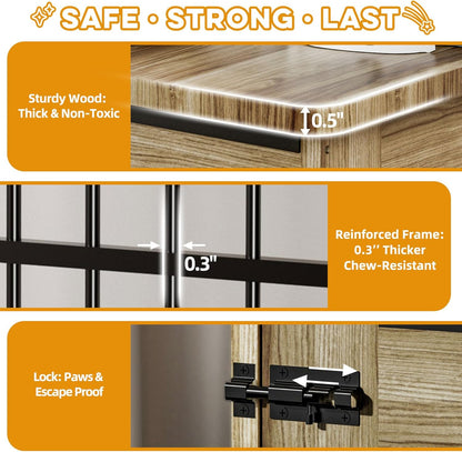 46" Large Dog Crate Furniture, Double Door Wooden Indoor Dog Kennel Furniture, Decorative Pet Cage End Table with Wheels for Extra Large Breed Dogs, Size 2XL, Rustic Brown