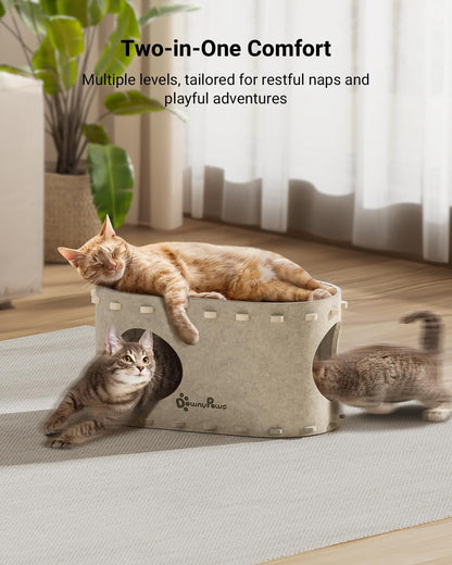 DownyPaws Cat House for Indoor Cats, Cat Bed Cave for Multiple & Large Cats Up to 22 Lbs, Scratch Resistant, Foldable Peekaboo Kitten Caves Tunnel Enclosed Bed, PeekaPurr, Cream