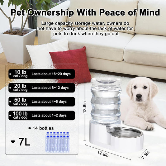 RIZZARI Automatic 7L Pet Waterer,Gravity Stainless Steel Water Dispenser, 100% BPA-Free, Large Capacity Water Feeder for Cats and Medium and Large-Sized Dogs (White,7L)