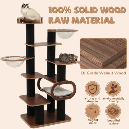 70.8'' Tall Luxury Cat Tree,All i,ne One Black Walnut Wood Modern Cat Tower for Indoor Large,Huge Multi-Level Cat Furniture with Scratching Posts,Condo,Cushion,Clear Bowl,Platform for Home Decoration