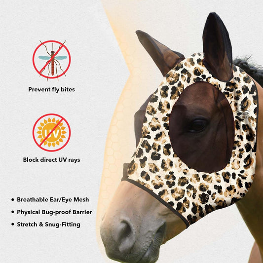Harrison Howard Super Comfort Stretchy Fly Mask Large Eye Space with UV Protection Soft on Skin with Breathability Leopard Print XL Extra Full Size