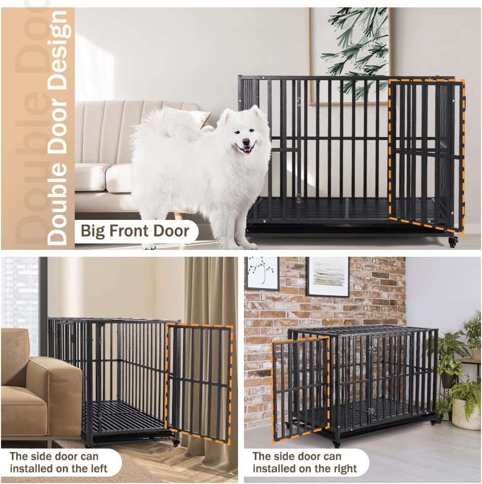 LUCKUP Heavy Duty Dog Crate-38 inch Large Metal Dog Cage with 2 Doors and 4 Wheels, Stackable Dog Kennel for Large & Medium Dogs, Removable Tray