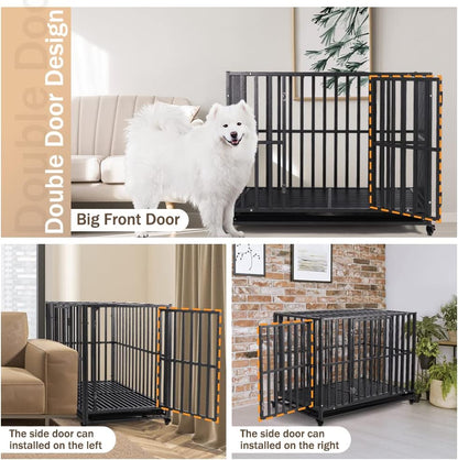 LUCKUP Heavy Duty Dog Crate-42 inch Large Metal Dog Cage with 2 Doors and 4 Wheels, Stackable Dog Kennel for Large & Medium Dogs, Removable Tray