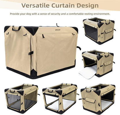 Pettycare 26 Inch Collapsible Dog Crate with Curtains Travel Dog Crate for Airflow and Calm Soft Pet Kennel with Portable Bag and More Chew Proof Mesh Indoor & Outdoor Beige 4 Door Curtains