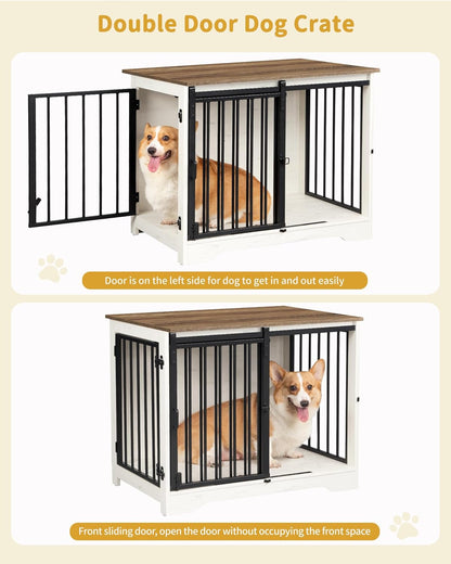 31.9" Dog Crate Furniture with Barn Door, Heavy Duty Dog Kennel Indoor with 2 Doors, Wooden Pet Cage End Table for Small Medium Dogs up to 44 lb, Anti-Chew Anti-Escape, White Brown DFC83614B