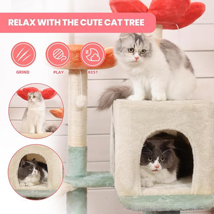 HYABi 48-inch Modern Cat Tree with Hanging Basket & Flower Design, Multi-Level Cat Tower with Plush Perches, Sisal Scratching Posts & Toy Balls, Stylish Indoor Playhouse for Cats & Kittens