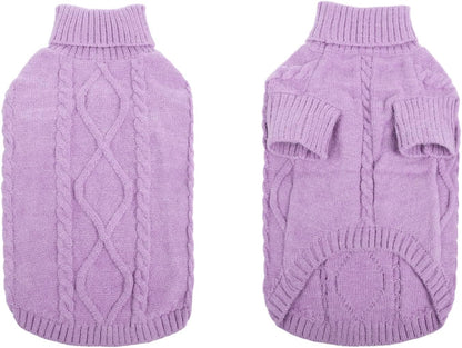 Queenmore Small Dog Pullover Sweater, Cold Weather Cable Knitwear, Classic Turtleneck Thick Warm Clothes for Chihuahua, Bulldog, Dachshund, Pug (Lilac, X-Large)
