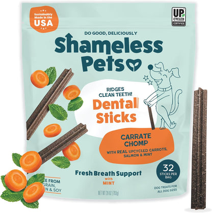 Shameless Pets Dental Treats for Dogs, Carrate Chomp (32 Sticks) - Supports Skin & Coat for Teeth Cleaning & Fresh Breath - Dog Bones Dental Chews Free from Grain, Corn & Soy