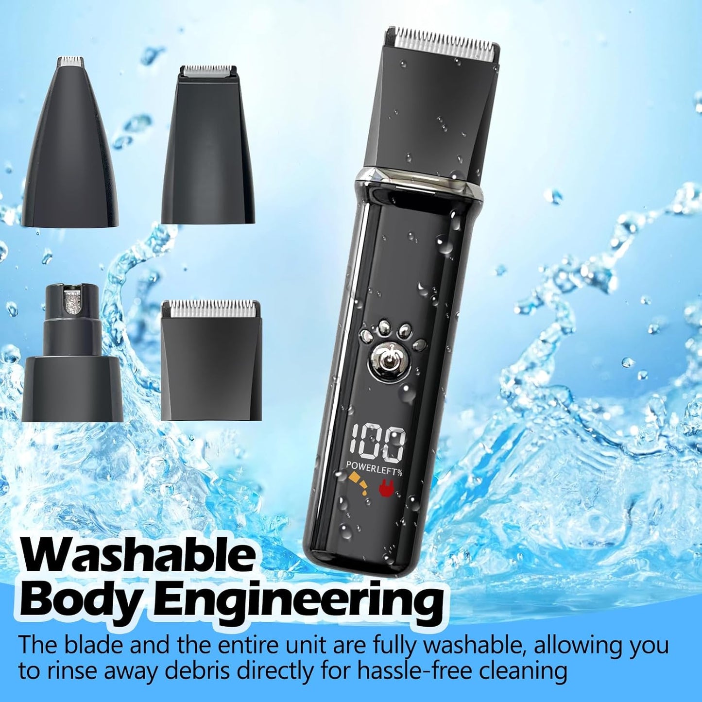 Dog Clippers Grooming Kit - Low Noise, Cordless Electric Trimmer with Nail Grinder for Dogs & Cats, 4 in 1 Rechargeable Clippers for Paws, Ears, Face and Matted Hair (Black)