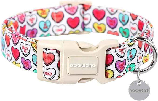 DOGWONG Valentine's Dog Collar, XL Heart Candy, Soft Cotton, Adjustable, Valentine's Day Design, Small & Medium Dogs