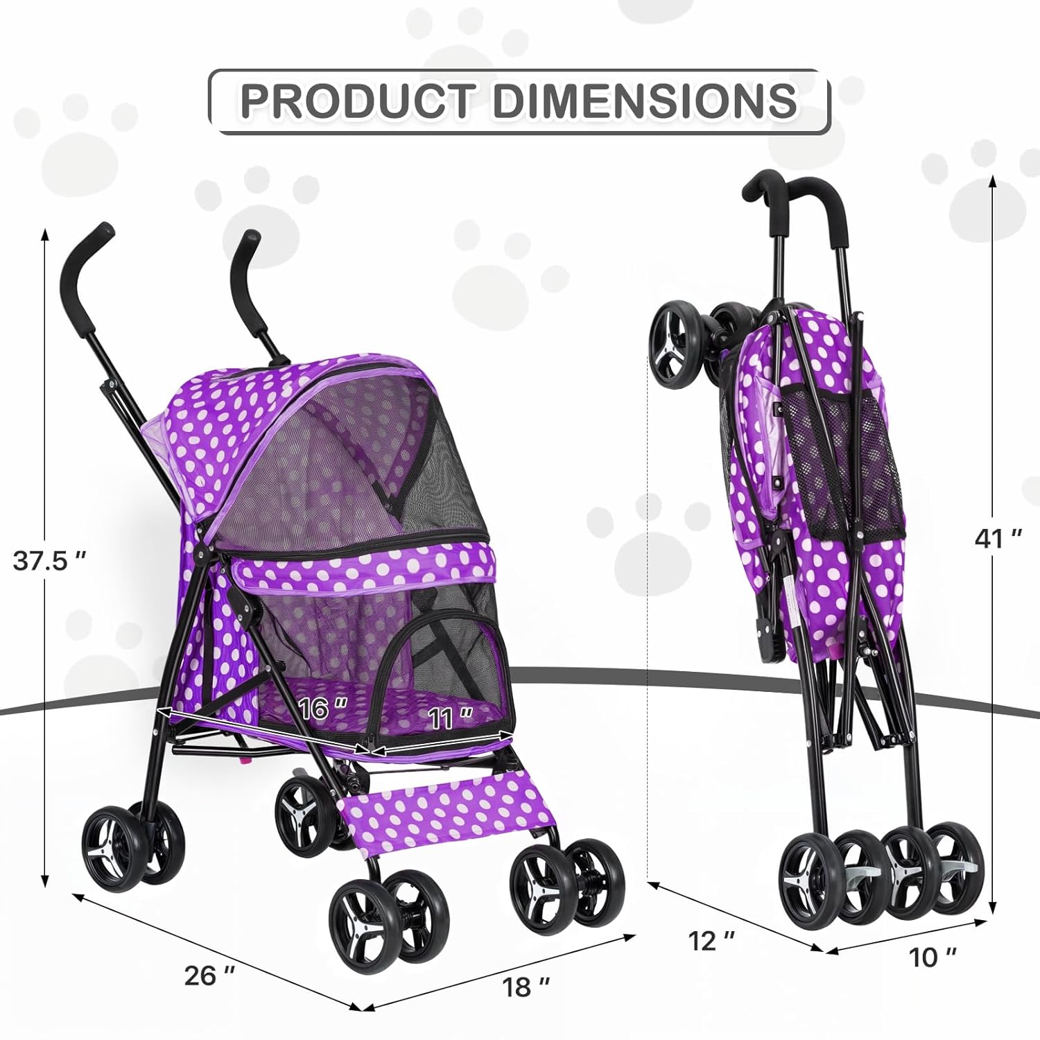 MoNiBloom 4 Wheels Pet Stroller, Easy-Fold Umbrella Shaped Dog Cat Jogger Stroller w/Storage Bag & Visible Mesh for Small/Medium Dogs Cats Purple Polka Dots - Pawvie