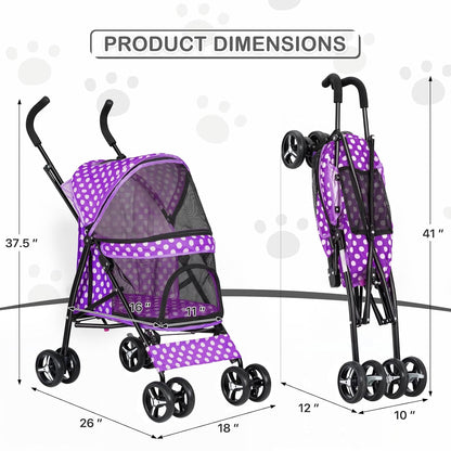 MoNiBloom 4 Wheels Pet Stroller, Easy-Fold Umbrella Shaped Dog Cat Jogger Stroller w/Storage Bag & Visible Mesh for Small/Medium Dogs Cats Purple Polka Dots - Pawvie