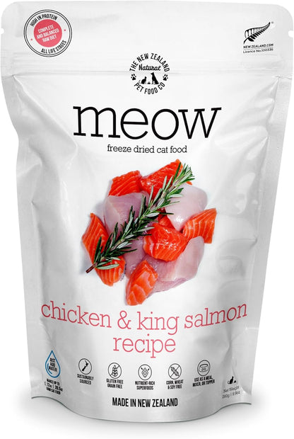 Meow Chicken & King Salmon Freeze Dried Raw Cat Food, Mixer, or Topper, or Treat - High Protein, Natural, Limited Ingredient Recipe 9.9 oz