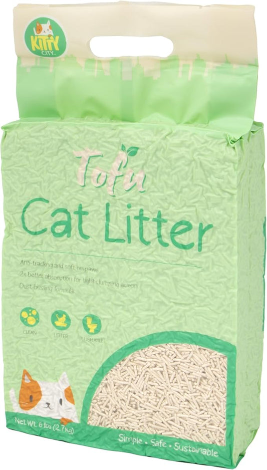 Kitty City Tofu Cat Litter, 100% Natural Plant-Based Formula, Fast Clumping, Low Dust, Flushable & Super Absorbent, Lightweight Cat Litter, 6 lb
